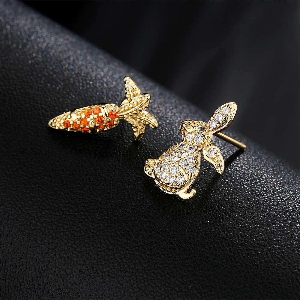 Cute Rabbit and Carrot Shape Stud Earrings in Copper with 18K Gold Plating and Zircon Inlay