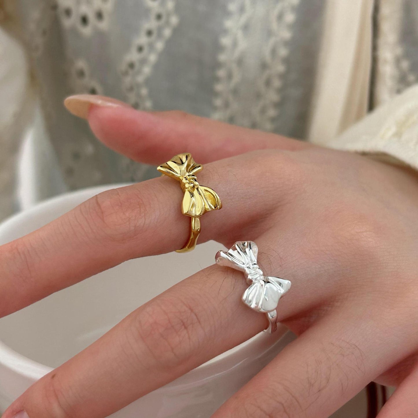 Minimalist Sweet 925 Sterling Silver Plated Geometric Bow Ring for Women