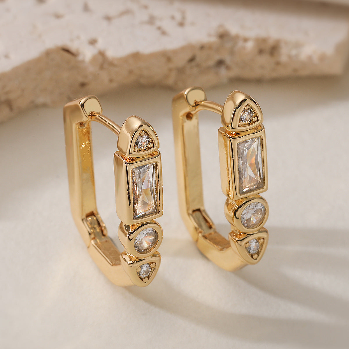 Minimalist Geometric Brass Gold Plated Cubic Zirconia Hoop Earrings for Women