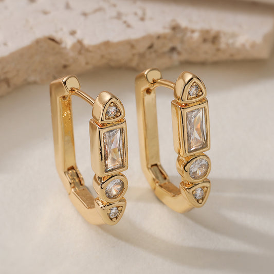 Minimalist Geometric Brass Gold Plated Cubic Zirconia Hoop Earrings for Women