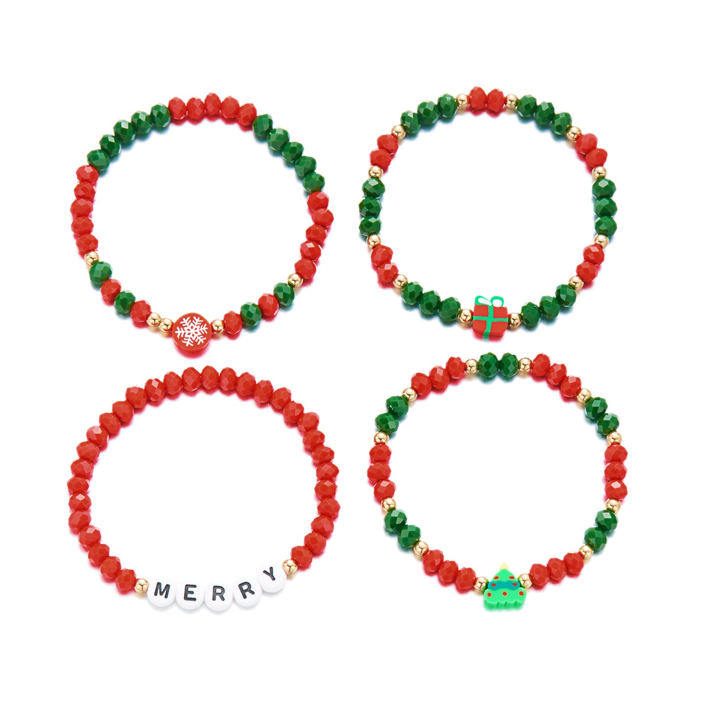 Christmas-Themed Geometric Beaded Bracelet Set for Women with Snowflake Reindeer and Jingle Bell Charms Crystal and Acrylic Handmade Fashion Bracelets