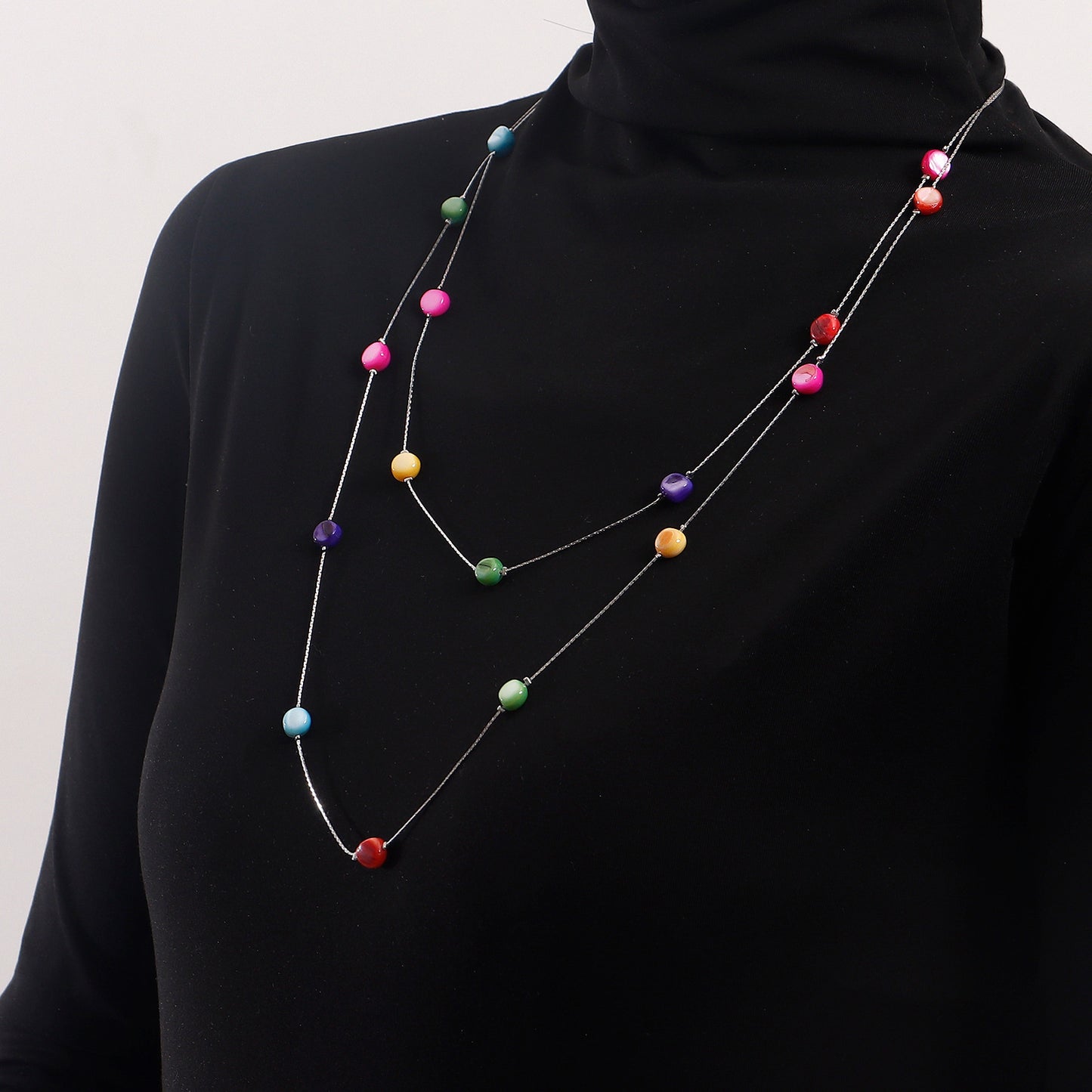 Geometric Long Layered Tassel Necklace for Women with Colored Zirconia on Alloy Base with Plated Finish