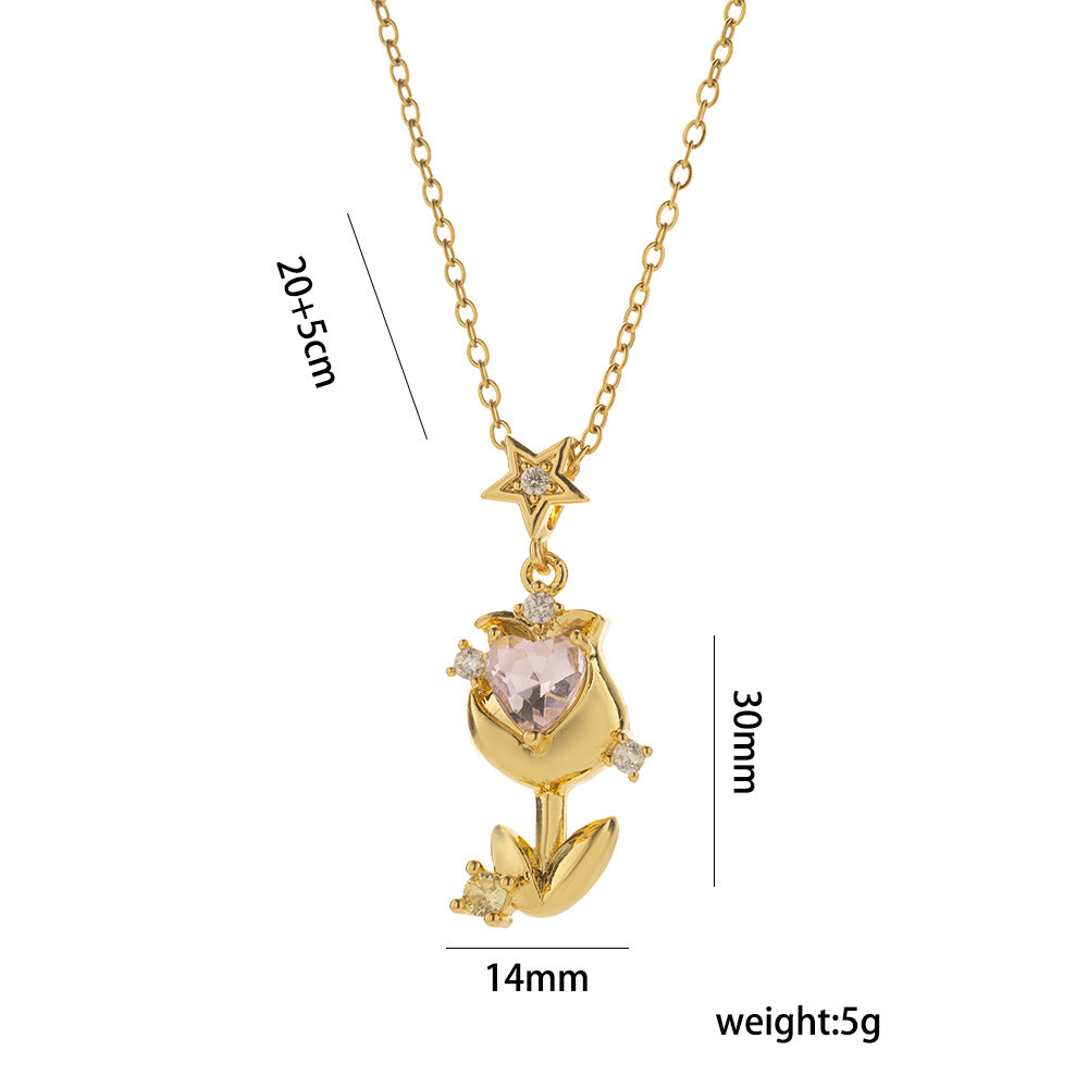 Minimalist Tulip-Shaped Zirconia-Encrusted Rose Gold Plated Titanium Steel Necklace for Women with O-Chain