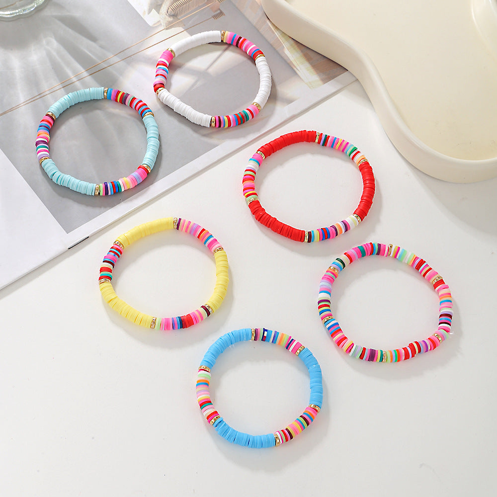 Bohemian Mixed Color Geometric Round Polymer Clay Beaded Bracelet Set