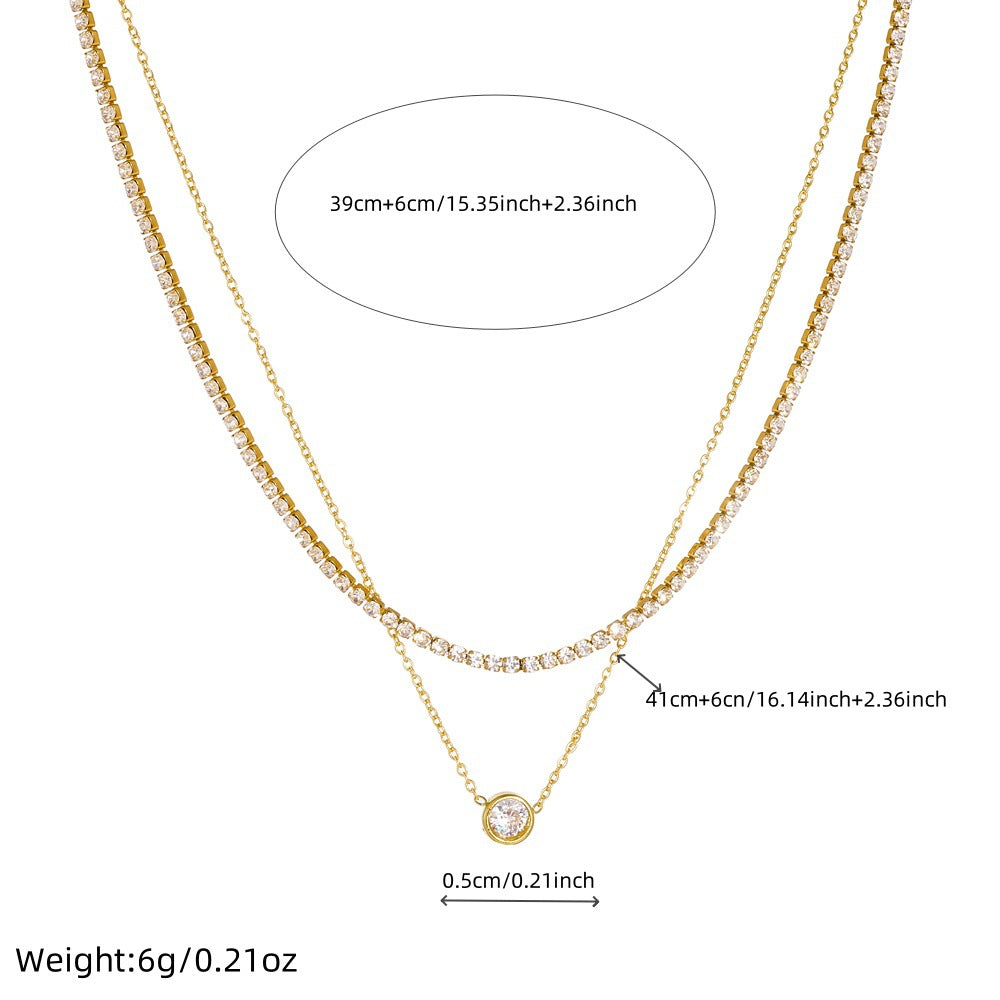 Minimalist Elegant Round Heart Rhinestone Inlay Stainless Steel Double Layer Necklace for Women