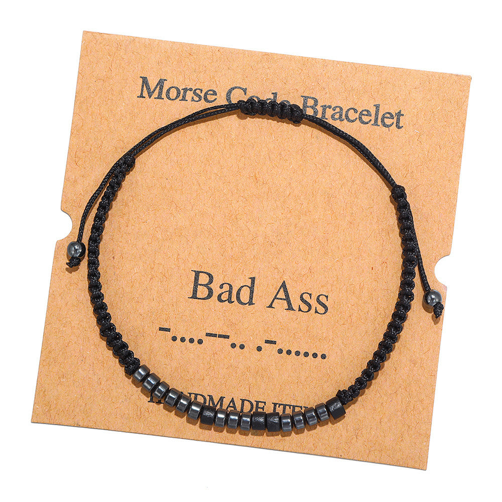 Geometric Morse Code Wood Bead Bracelet Unisex Handmade Braided Card