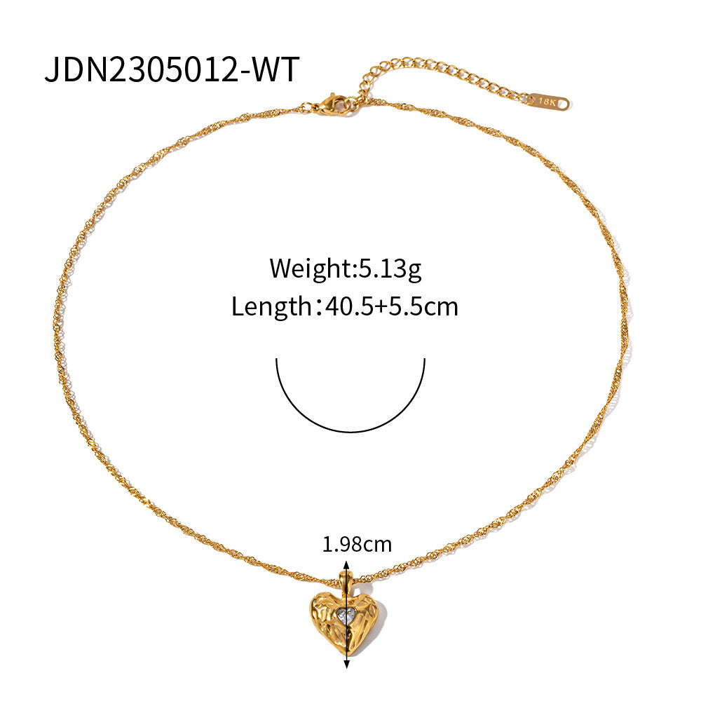 Minimalist Heart-Shaped Titanium Steel Pendant Necklace with 18K Gold Plating and Cubic Zirconia Inlay for Women