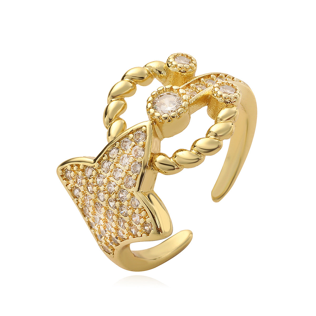 Geometric Open Ring for Women with Copper Base and Real Gold Plating, Micro-Paved Zirconia, Irregular Design, Fashionable Minimalist Style