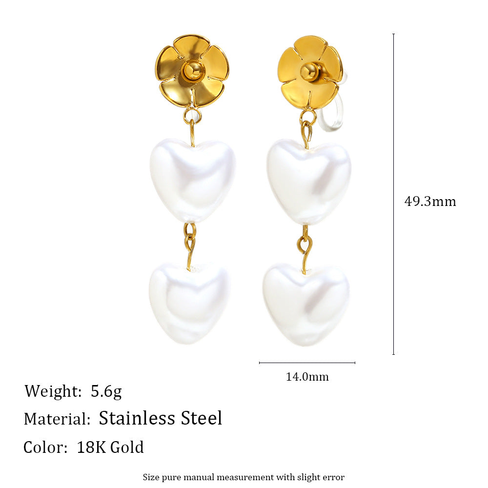 Fashionable Geometric Stainless Steel Plated 18K Gold Zircon Flower Pearl Clip-On Earrings for Women
