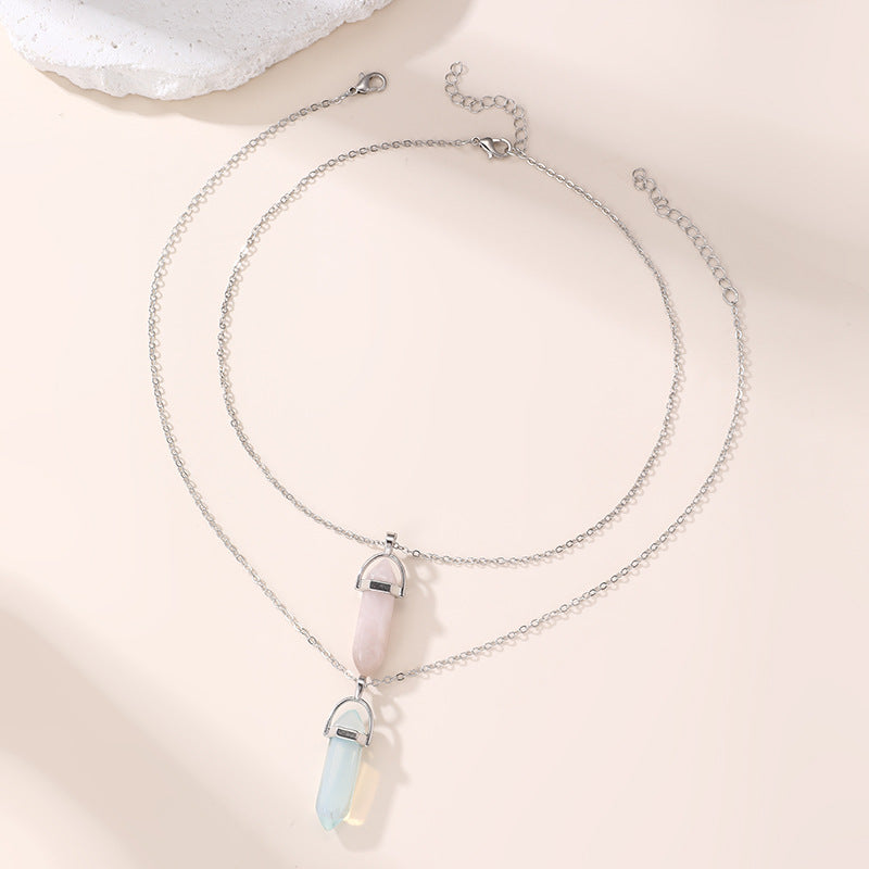 Set de Collar con Colgante de Prisma Hexagonal Minimalista Geométrico de Rombo Azul Rosa para Niños con Construcción de Aleación y Acabado de Esmalte