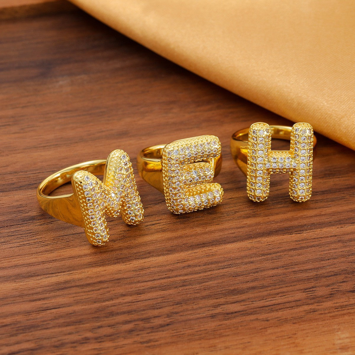 Sweet Plated Brass Letter Ring with Cubic Zirconia Adjustable Open Ring for Women and Men