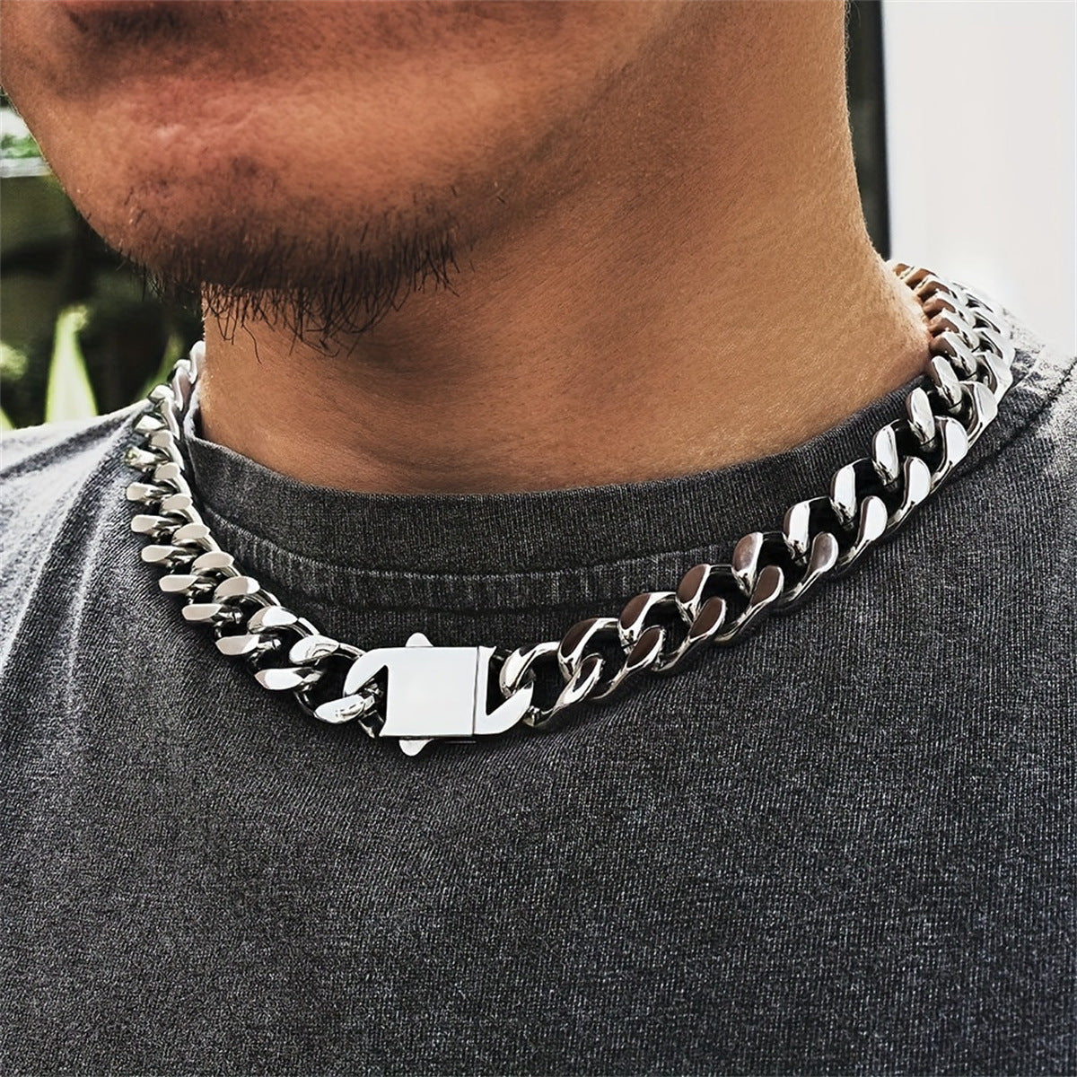 Collana da Uomo a Catena Cubana in Acciaio Inossidabile Lucido, a Forma Geometrica, Stile Hip Hop Robusto