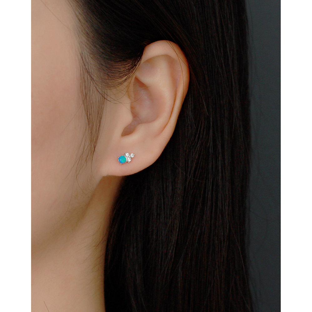 Orecchini a perno con opale e intarsio di strass in argento sterling S925, stile naturale, forma geometrica da donna