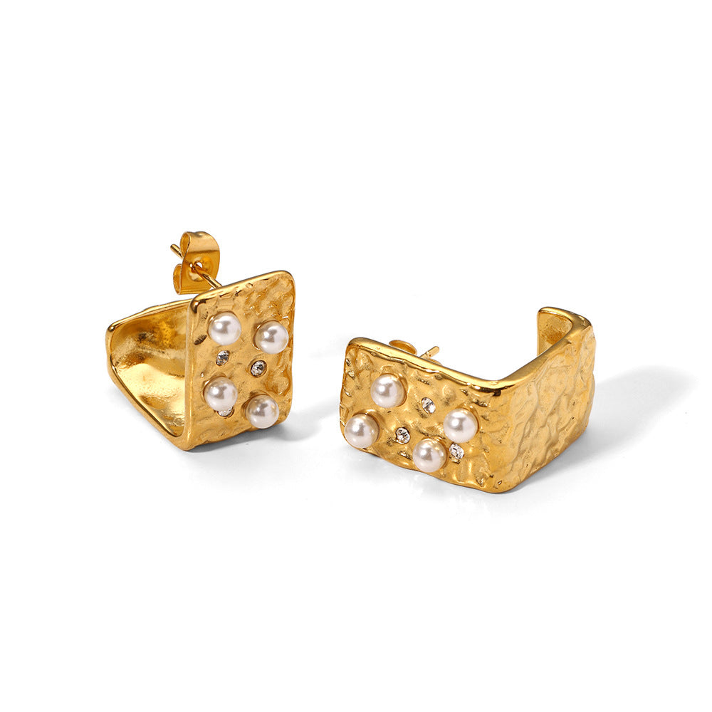Orecchini da donna quadrati geometrici vintage francesi placcati oro 18 carati in acciaio inossidabile con perle