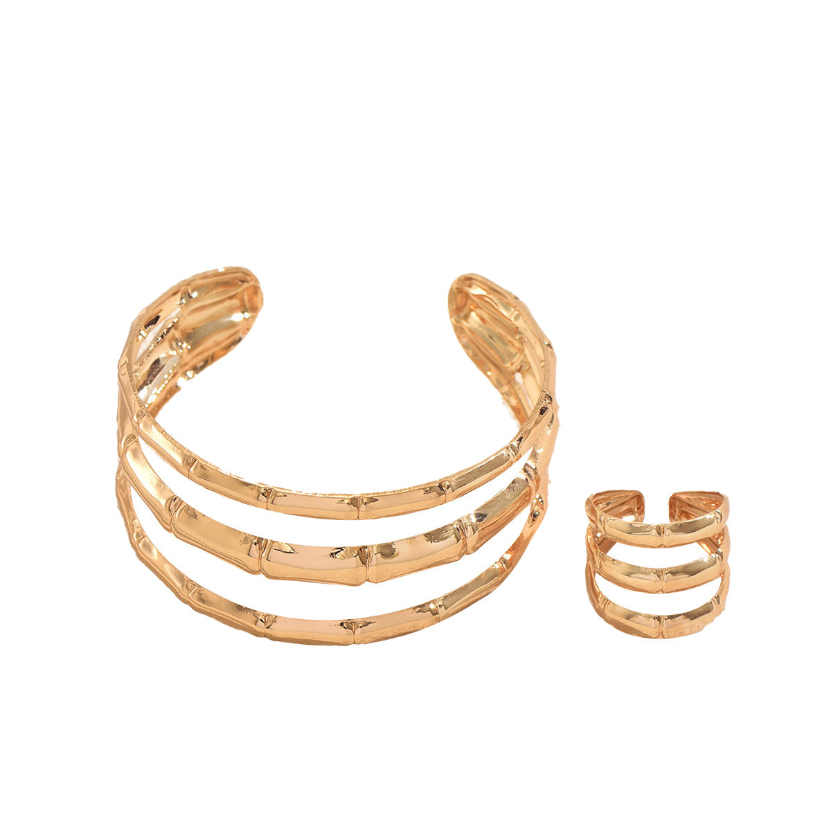 Conjunto de brazaletes abiertos elegantes estilo bambú minimalista con baño de rodio para mujer