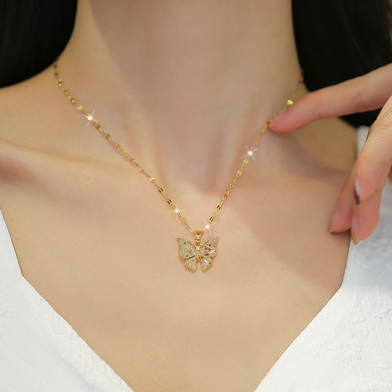 Luxury Titanium Steel Butterfly Pendant Necklace and Earrings Set with Micro-Pavé Detail for Women Elegant Party Jewelry