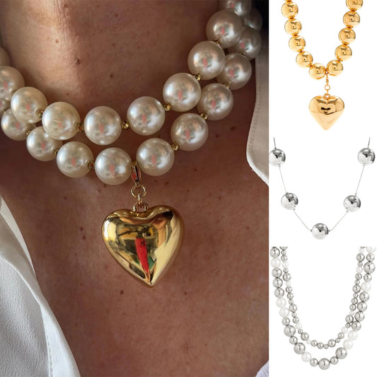 Collar con colgante geométrico en forma de corazón estilo Cyberpunk con cuentas de perlas de imitación y cadena de cuentas redondas multicapa galvanizada para mujer