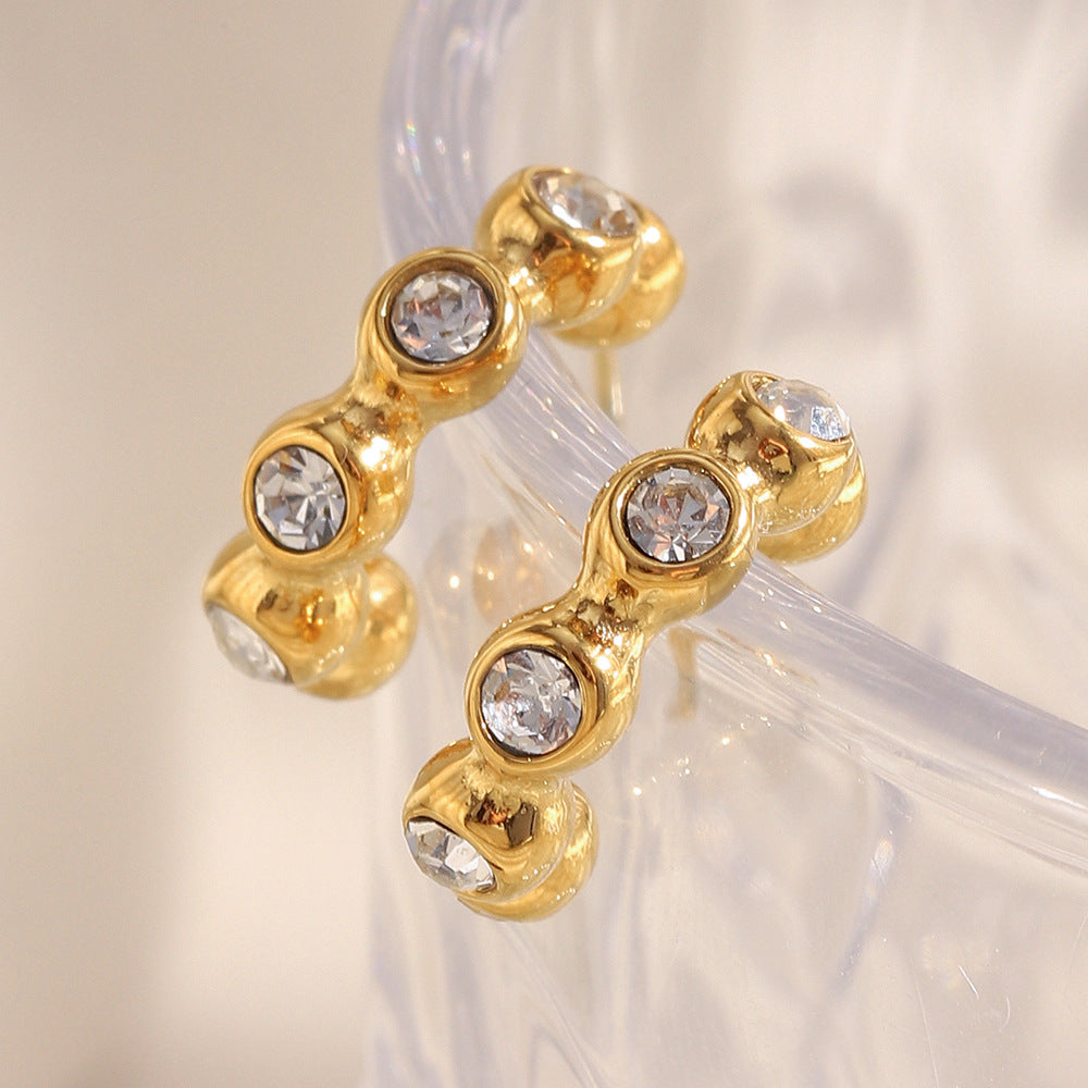Orecchini da donna geometrici minimalisti in acciaio inossidabile placcati oro 18 carati con perline di zircone