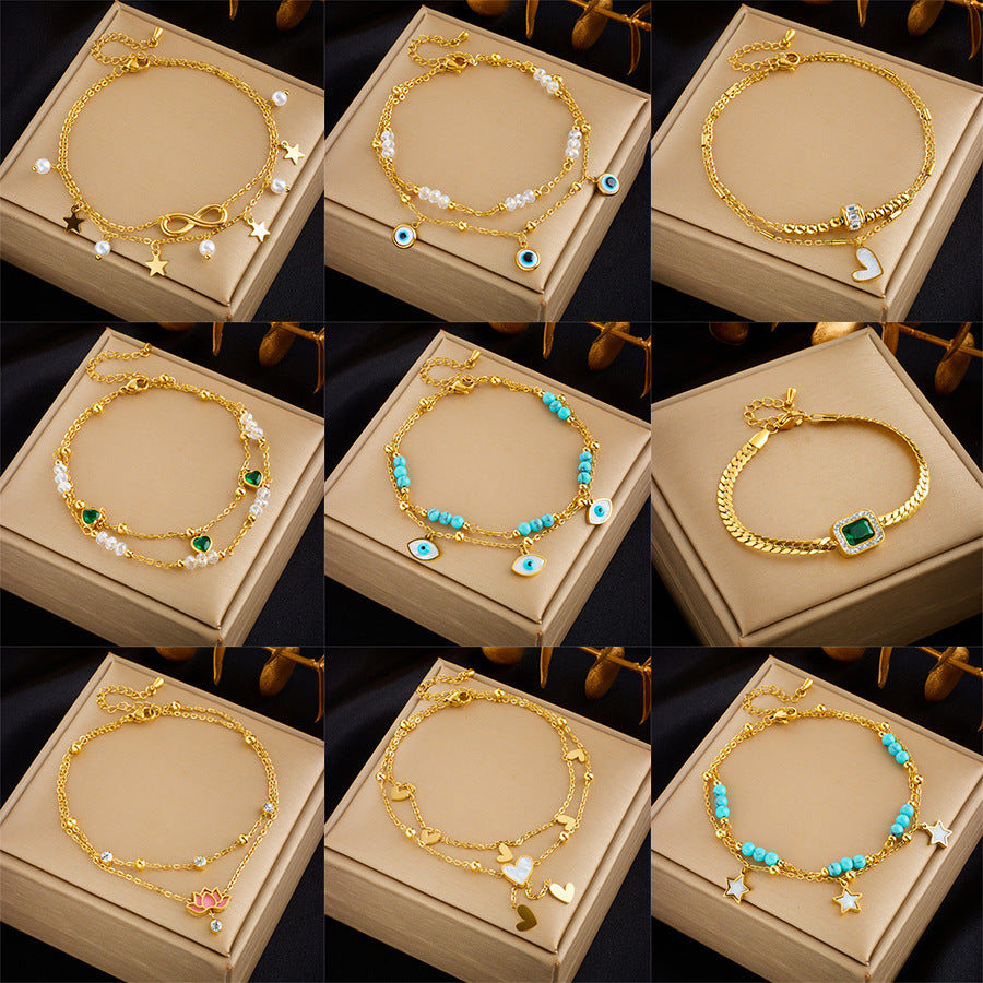 Cavigliera Minimalista Ispirata al Vintage a Doppio Strato con Perle a Cuore e Stella in Strass in Acciaio al Titanio