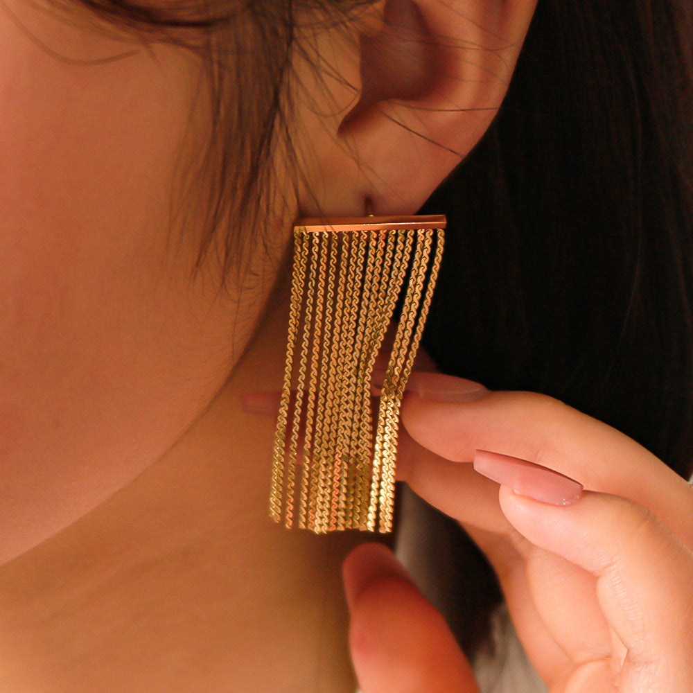Luxury Stainless Steel Tassel and Chain Earrings for Women with 18K Vacuum Plating Finish