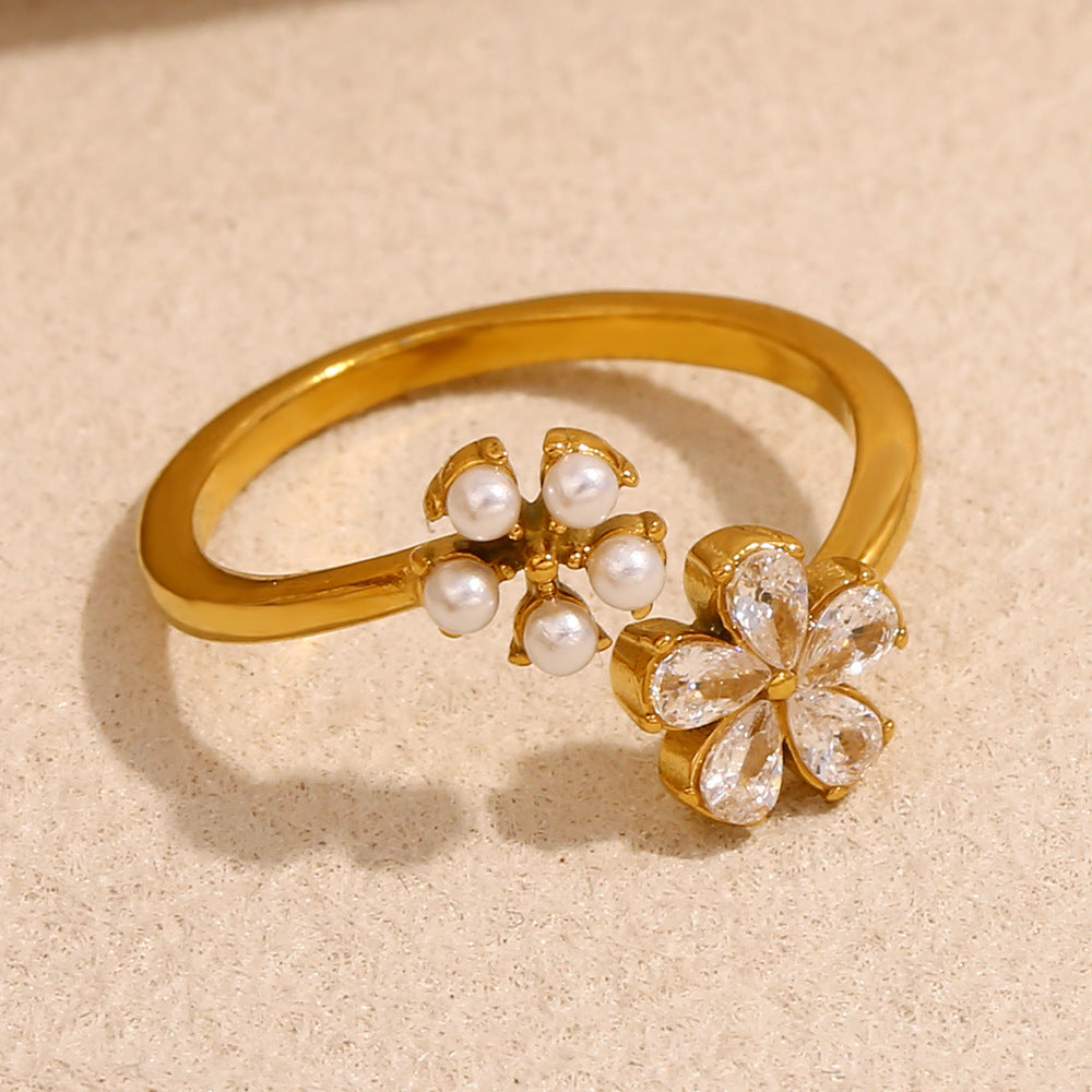 Elegant Floral-Shape Stainless Steel Plated 18K Gold Opening Ring for Women