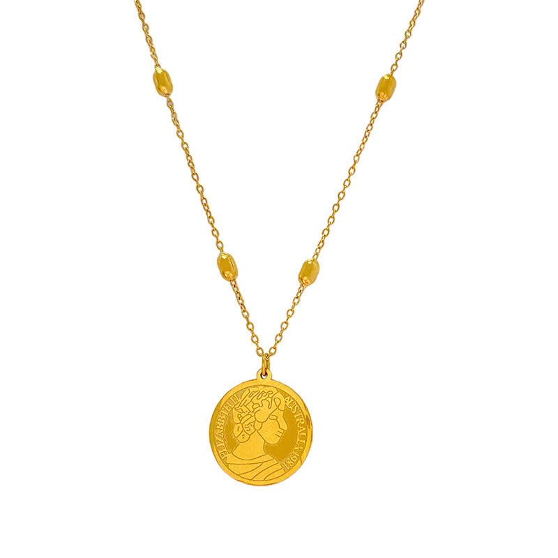 New Chinese Style Gold Plated Titanium Steel Round Pendant Necklace with Geometric Relief Design for Unisex