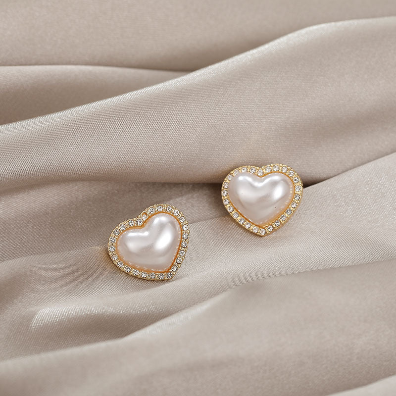 Orecchini a perno minimalisti con cuore, zirconia cubica e perla, con perni in argento sterling 925 per donna