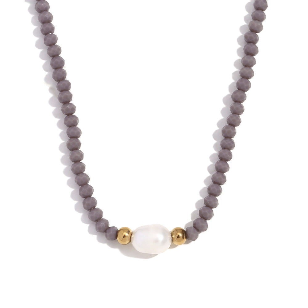 Fashionable Vintage Geometric Stainless Steel Pendant Necklace with Freshwater Pearl and Light Crystal Beads for Women