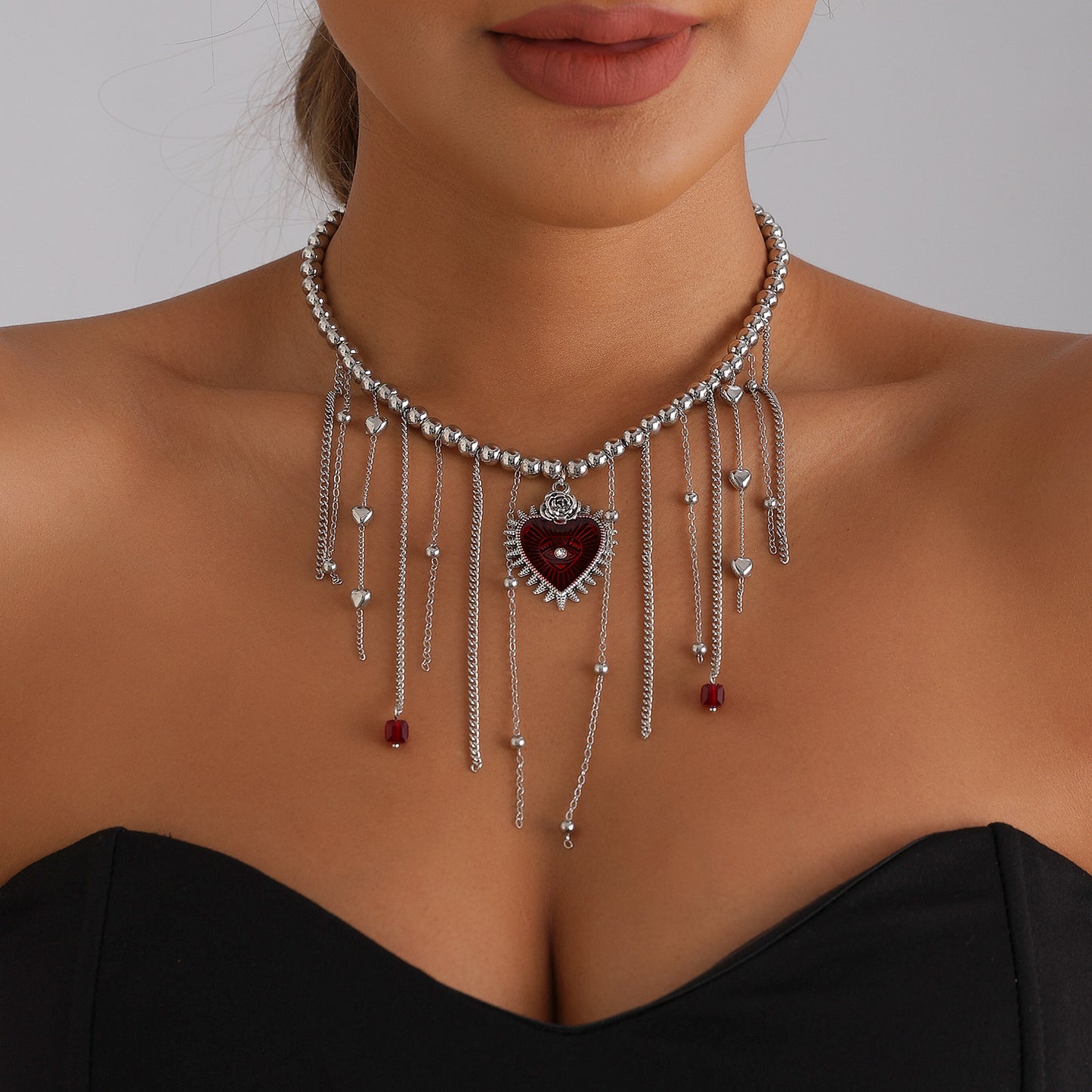 Gothic Sweet Heart Geometric Alloy Plated Necklace with Tassel for Women