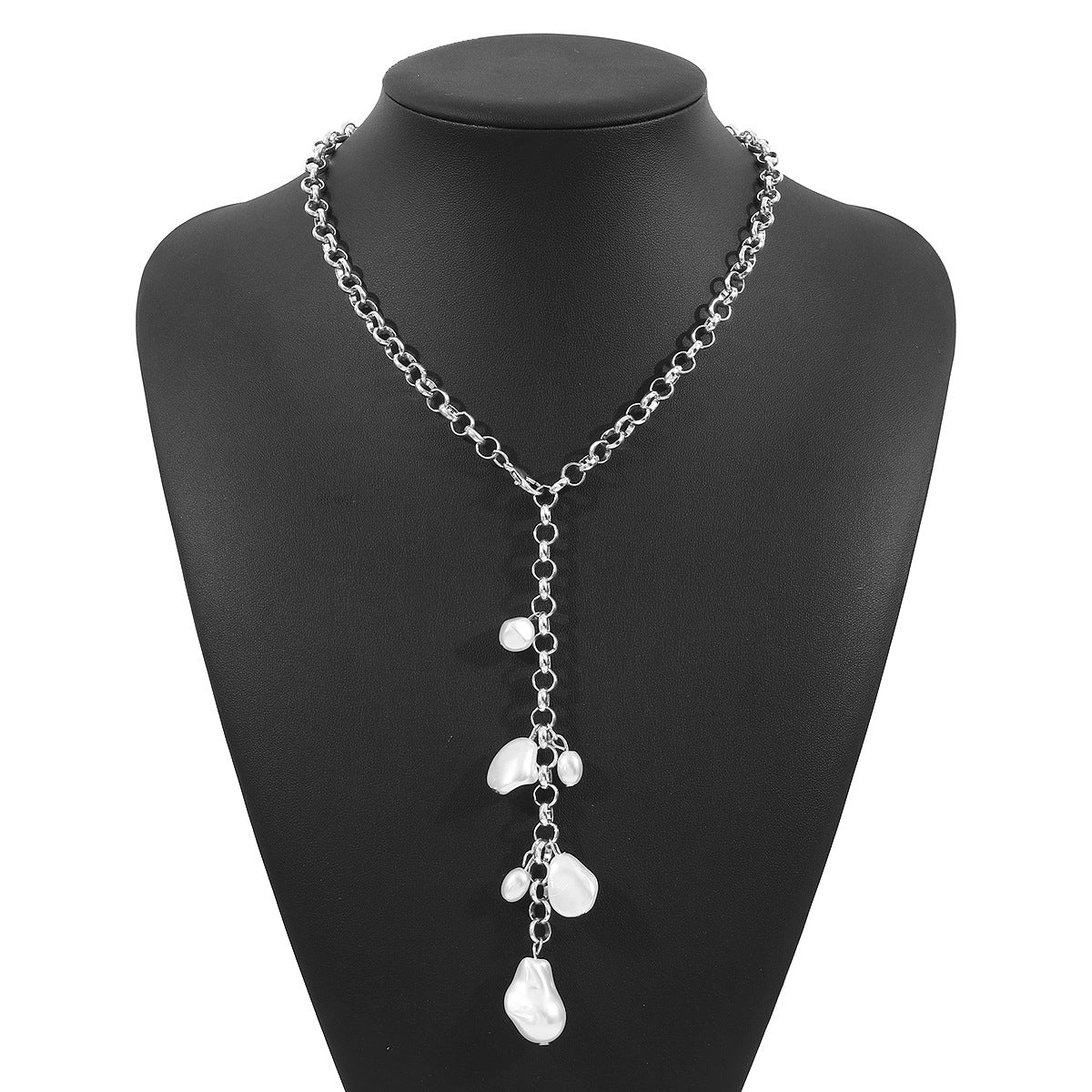 Fashionable OL Style Geometric Shape Imitation Pearl Y-Necklace for Women with Pearl Inlay and Iron Base