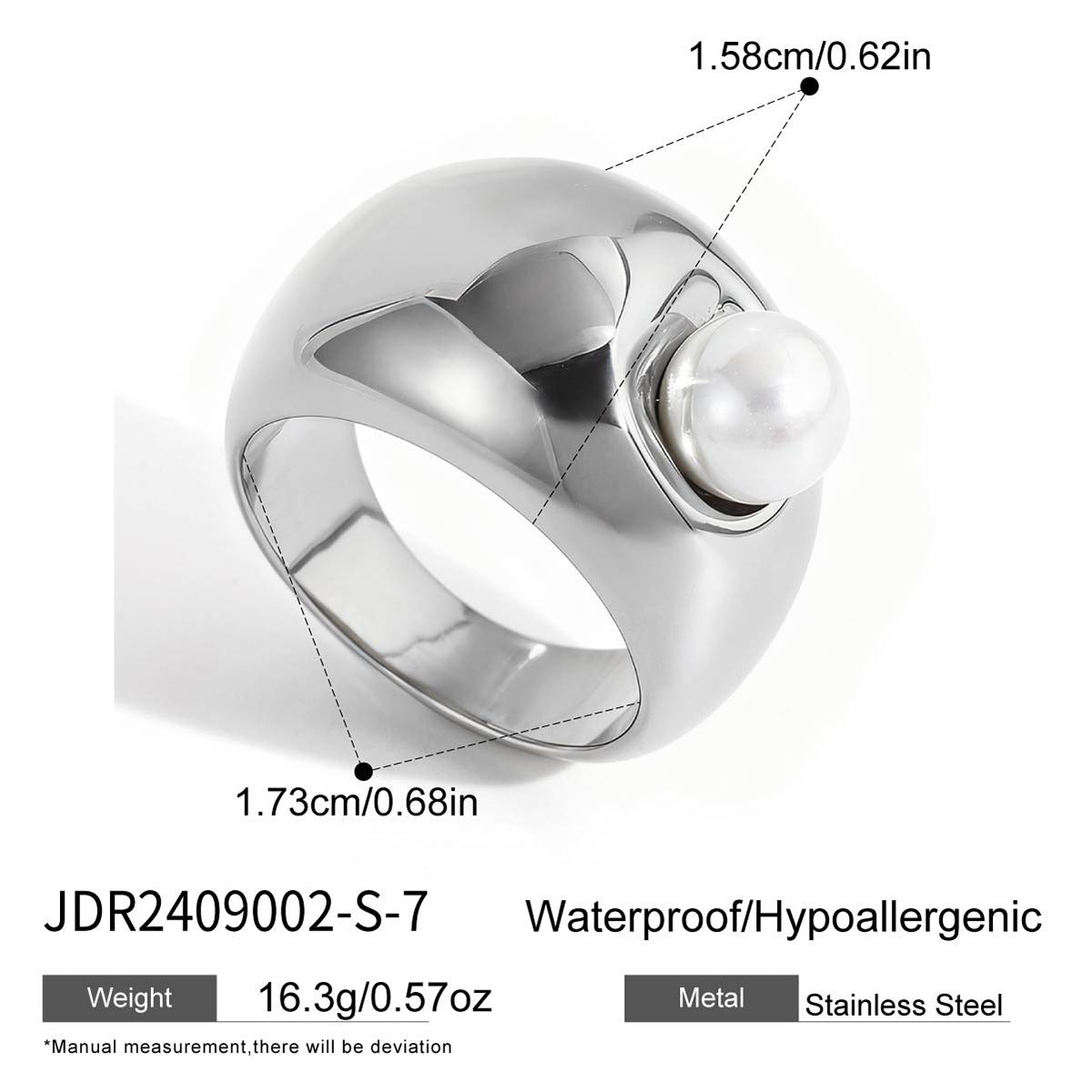 Anillo de acero inoxidable geométrico de lujo con chapado en oro PVD de 18K y perla para mujer