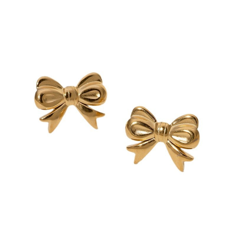 Minimalist Bow-Shaped Stainless Steel Stud Earrings with 18K Gold Plating for Women