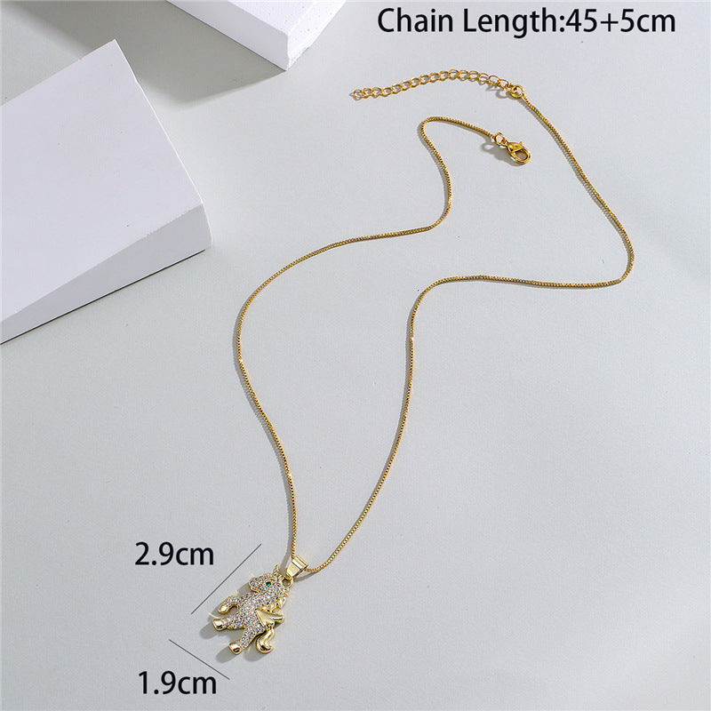 Geometric Brass Unicorn Pendant Necklace with Cubic Zirconia Inlay Gold Plated Box Chain