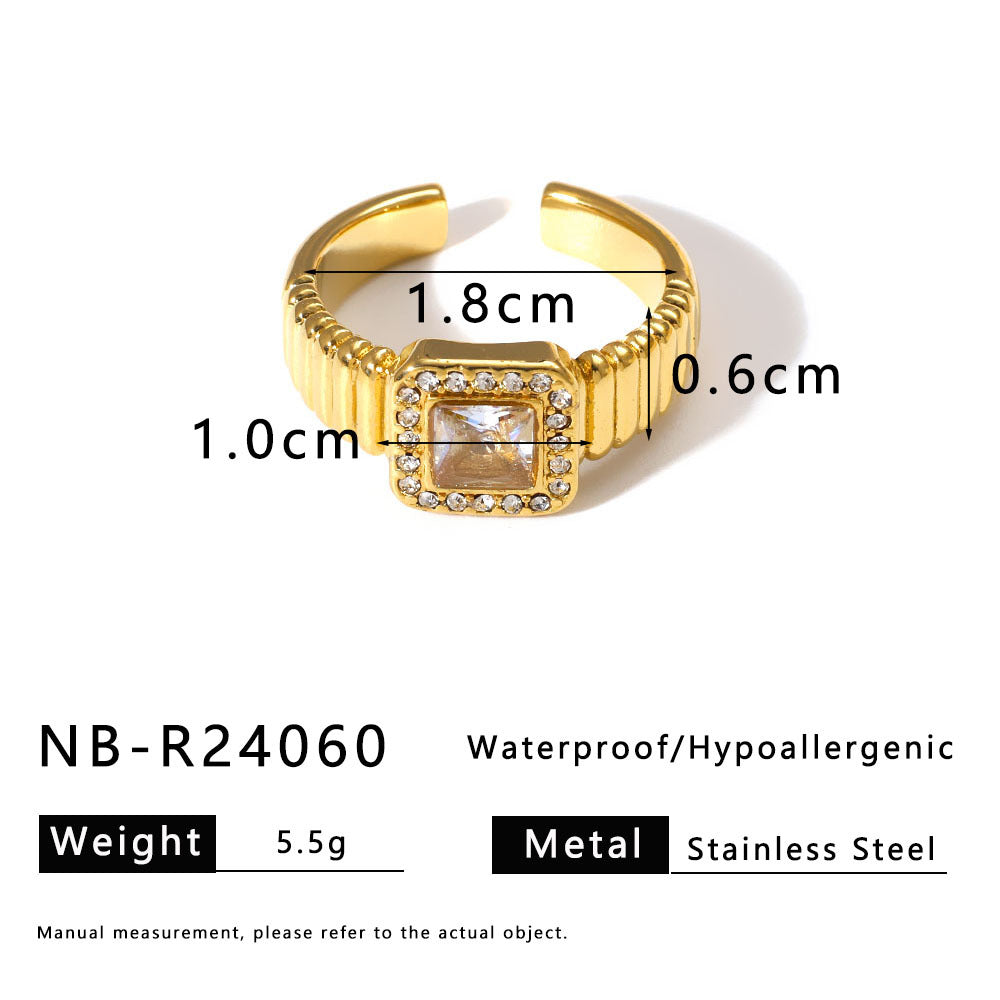 Anello geometrico minimalista da donna in acciaio inossidabile con intarsio di strass e placcatura sottovuoto in oro 18 carati