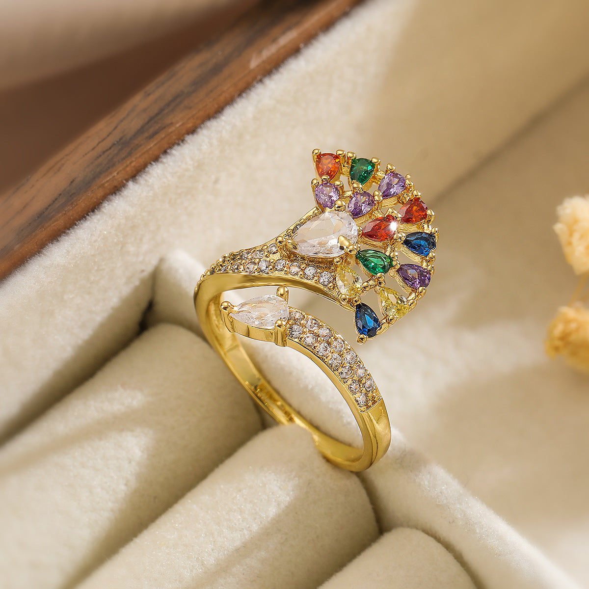 Minimalist Geometric Open Ring in Copper with 18K Gold Plating and Micro-Paved Zirconia for Women