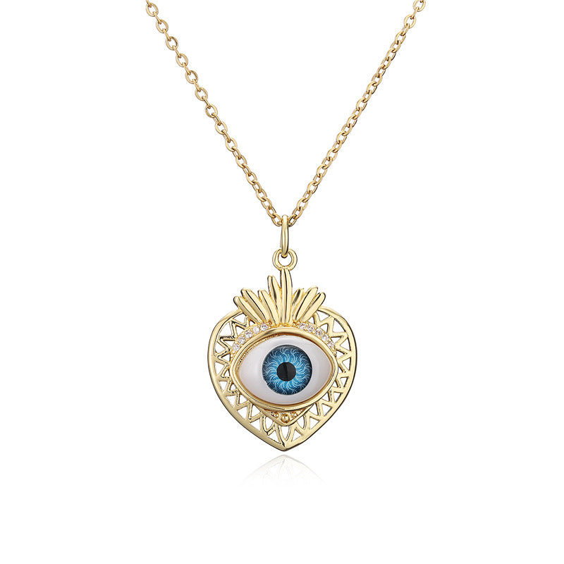 Geometric Fruit Blue Eye Cubic Zirconia Inlay Gold Plated Brass Necklace with Cable Chain
