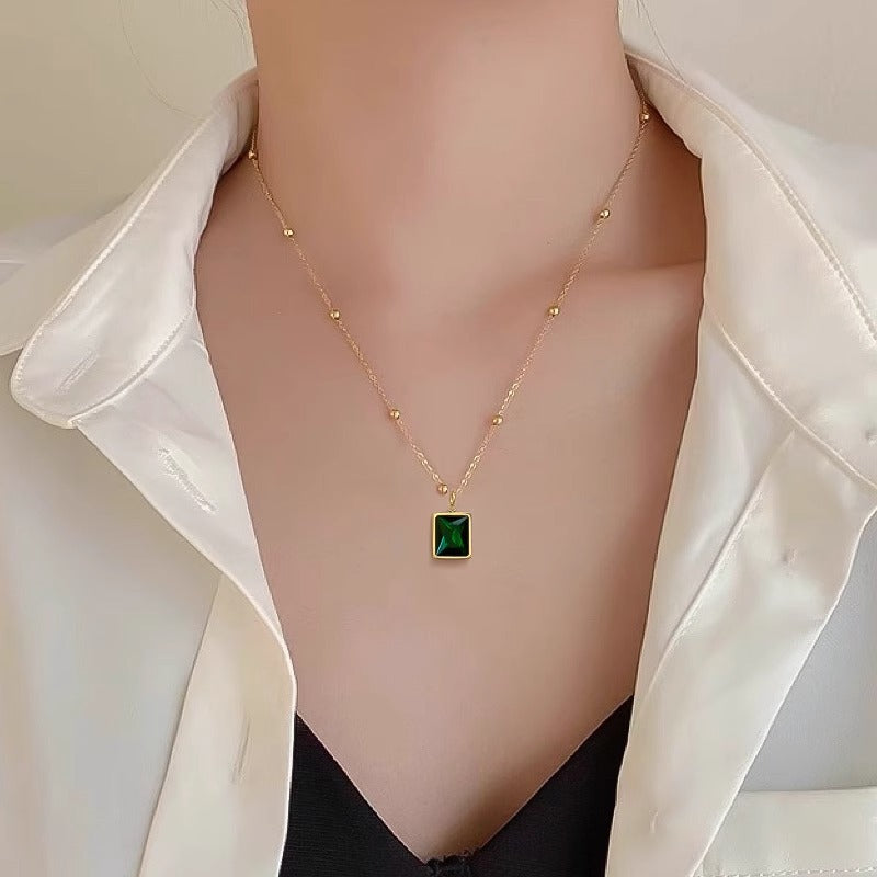 Minimalist Geometric Square Green Gemstone Titanium Steel Necklace with Gold Plating for Women and Men