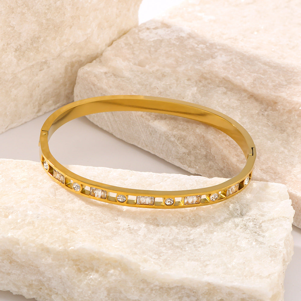 Minimalist Geometric Round and Square Hollow Stainless Steel Bracelet for Women with 18K Gold Plating and Zircon Inlay