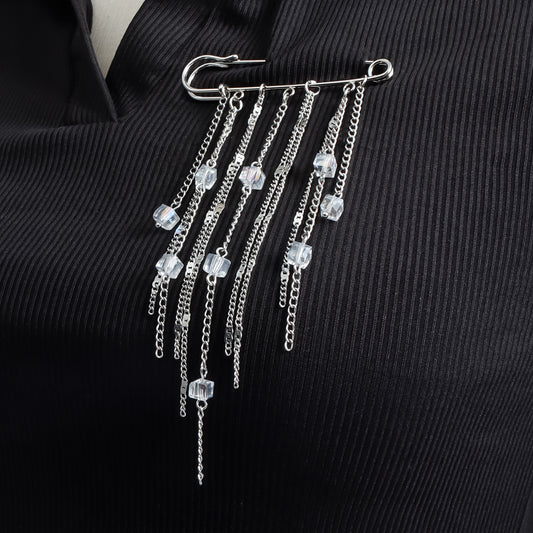 Elegant Square Geometric Crystal Plated Alloy Brooch with Tassel for Women