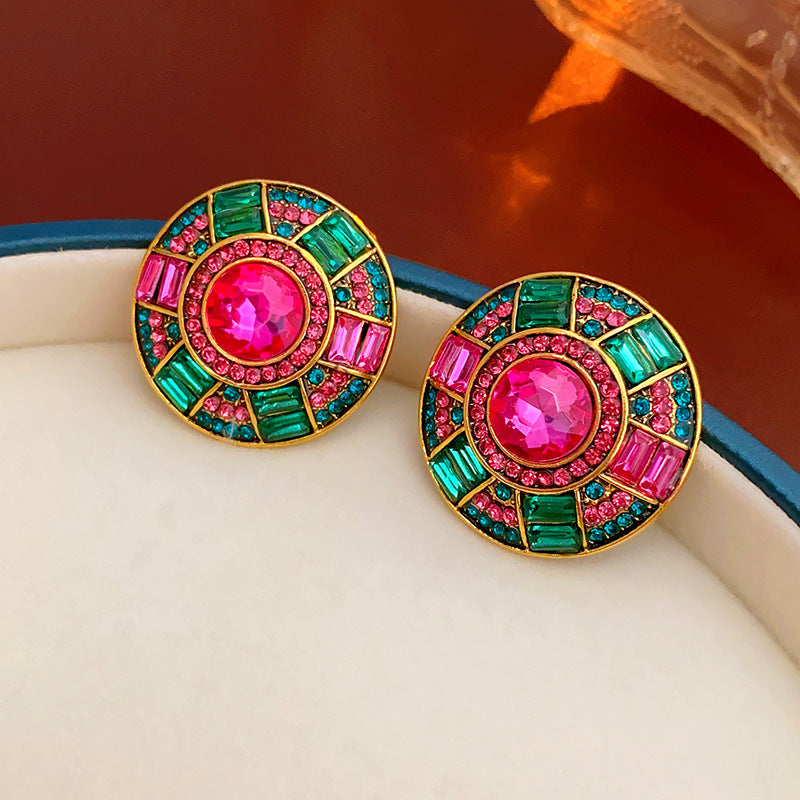 Vintage Geometric Rhinestone-Studded Round Earrings in Alloy with Silver-Plated Steel Posts for Women