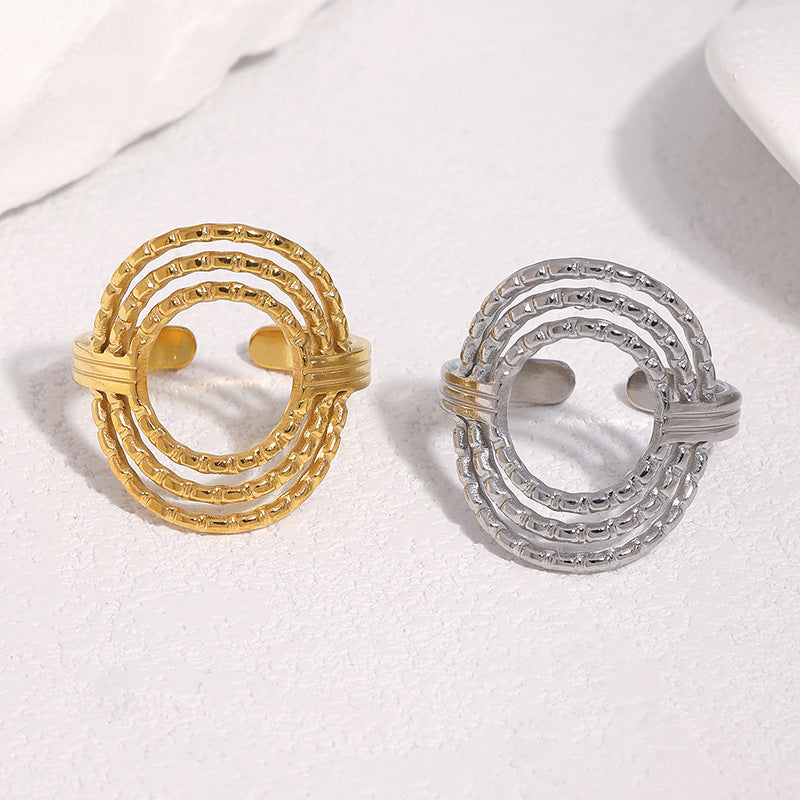 Elegant Minimalist Geometric Round Textured 18K Gold Plated Stainless Steel Open Ring for Women