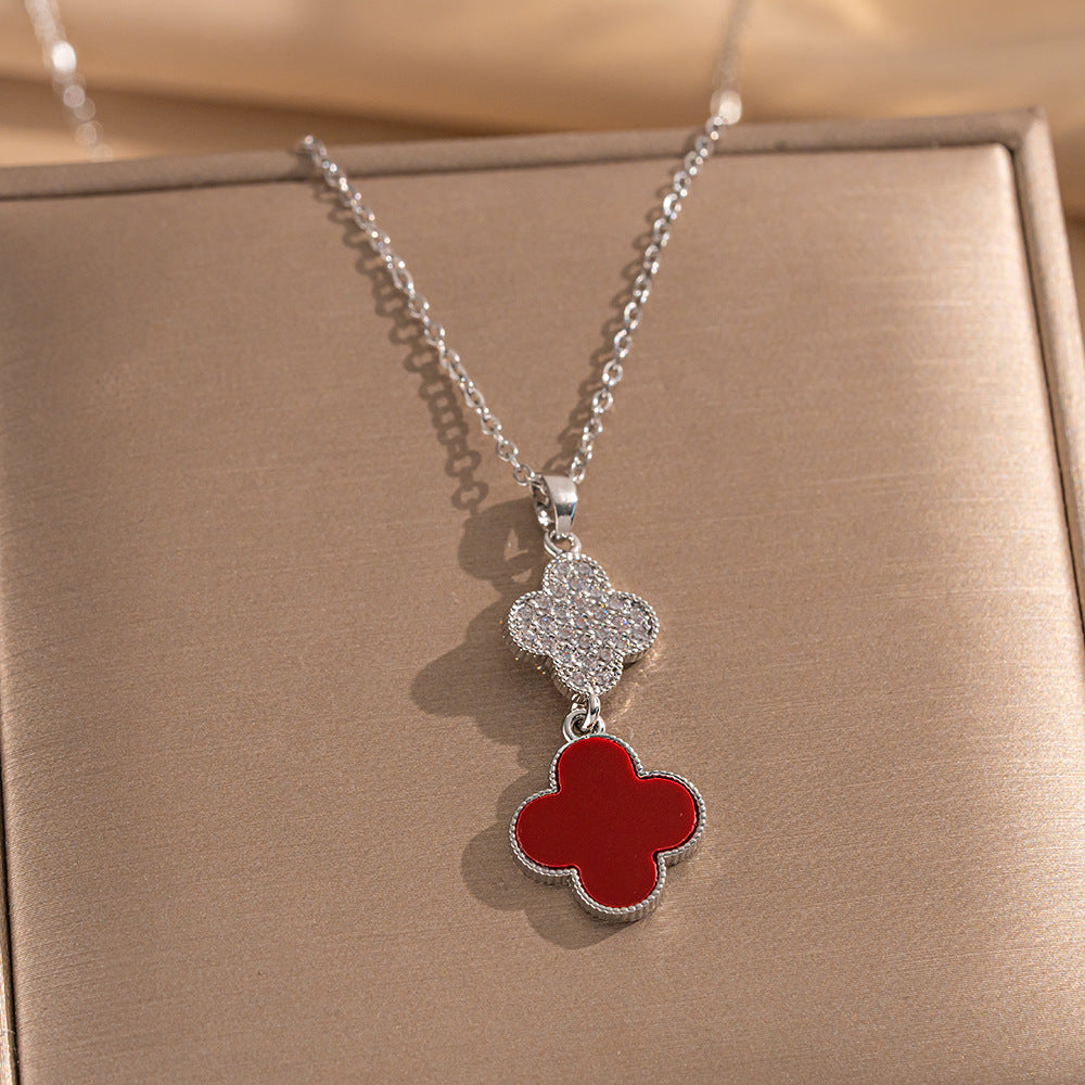 Minimalist Geometric Four-Leaf Clover Pendant Necklace for Women in Titanium Steel with Electroplated Finish
