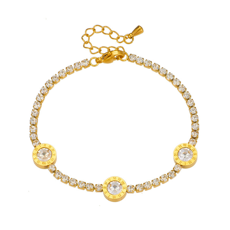 Elegante Pulsera Minimalista de Lujo con Diamantes de Imitación Redondos y Dijes Romanos de Acero Inoxidable para Mujer