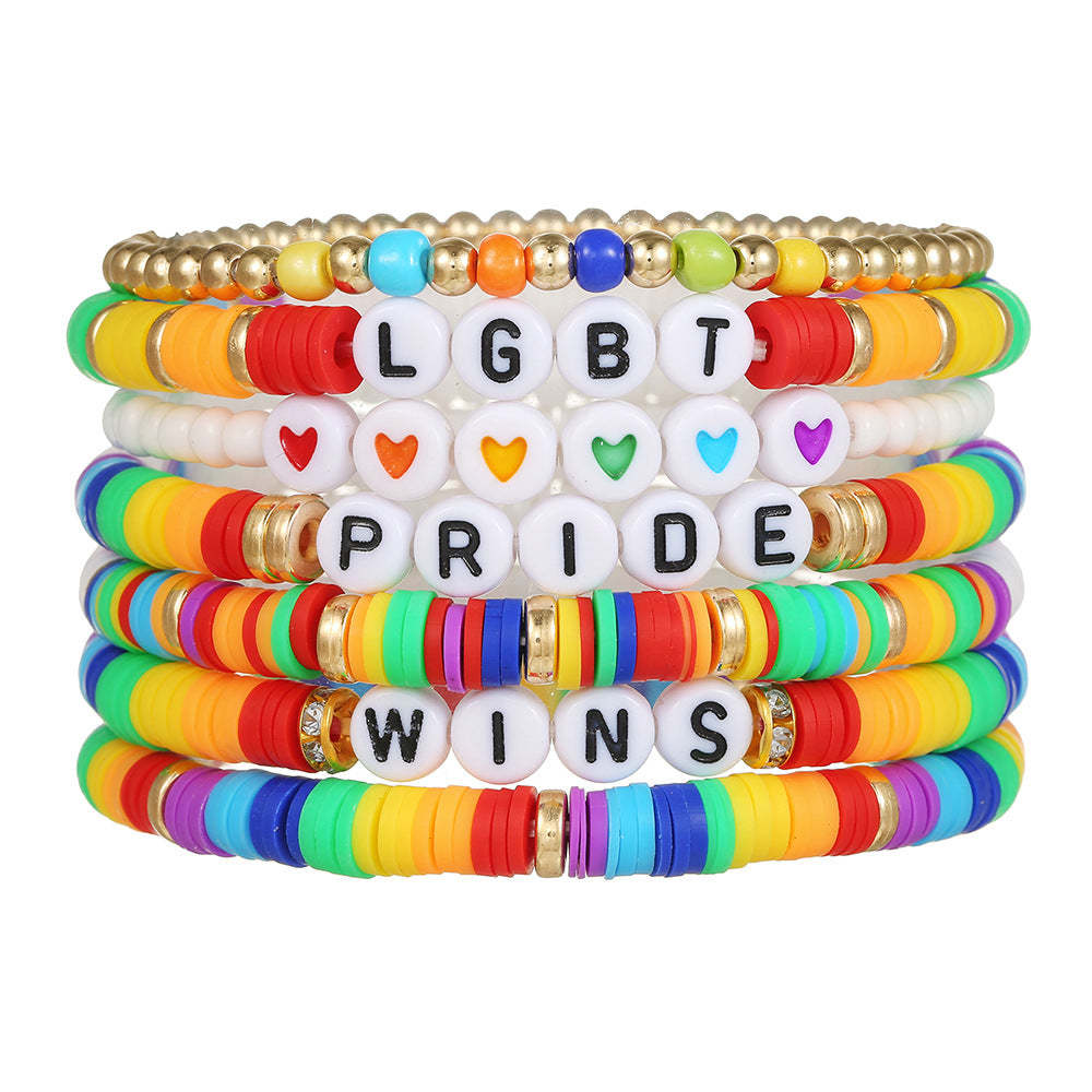 Streetwear Rainbow Gradient Heart Geometric Resin Acrylic Glass Bead Stretch Bracelet Set