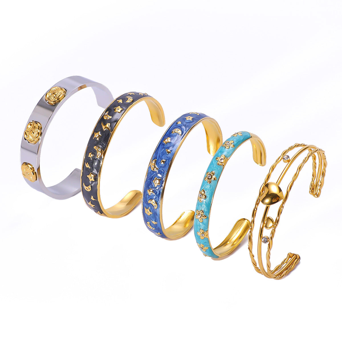 Minimalist C-Shaped Stainless Steel Bracelet with Enamel Stars and Moons, Irregular Asymmetric Design