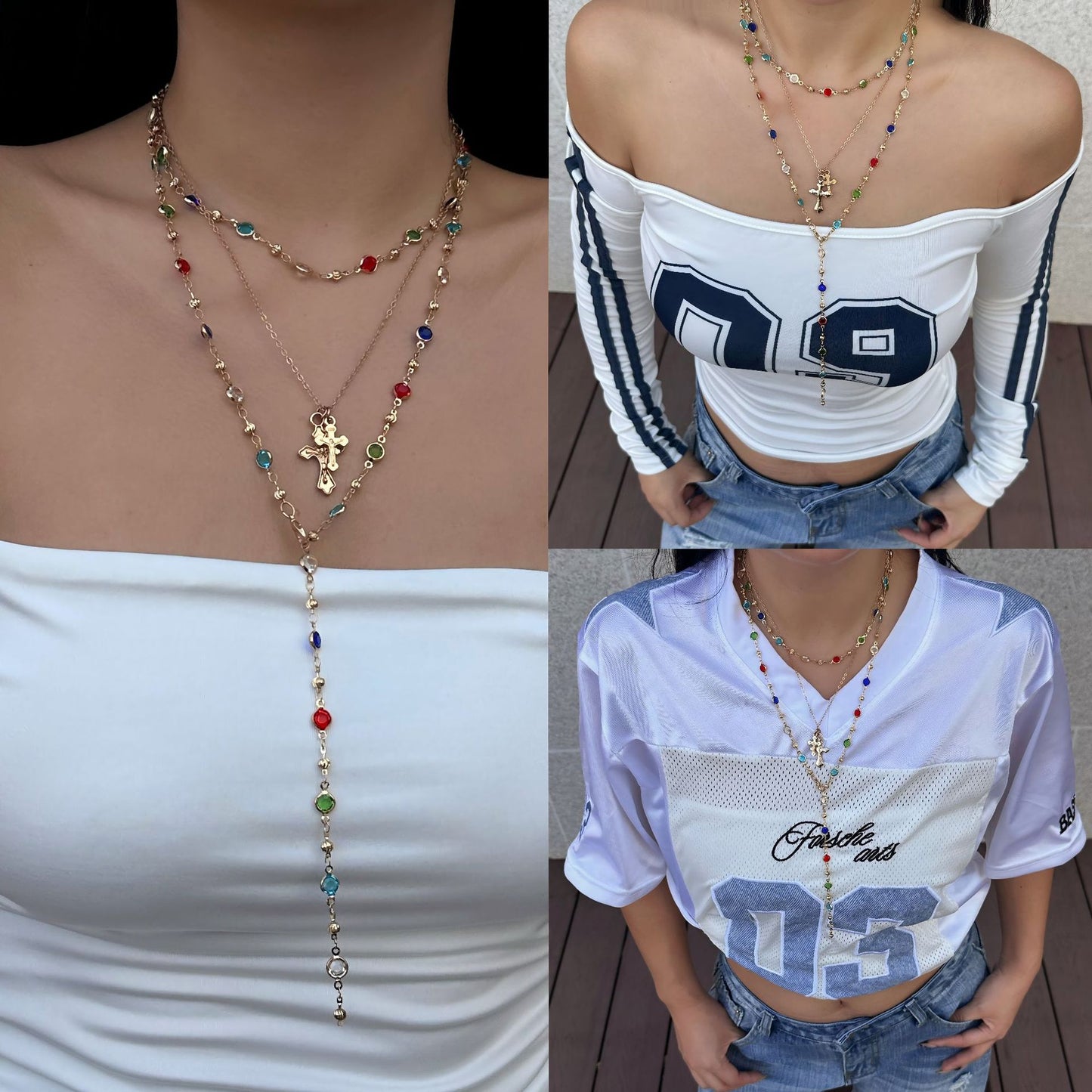 Collana da donna casual colorata a doppio strato con pendente geometrico a croce e nappa a Y