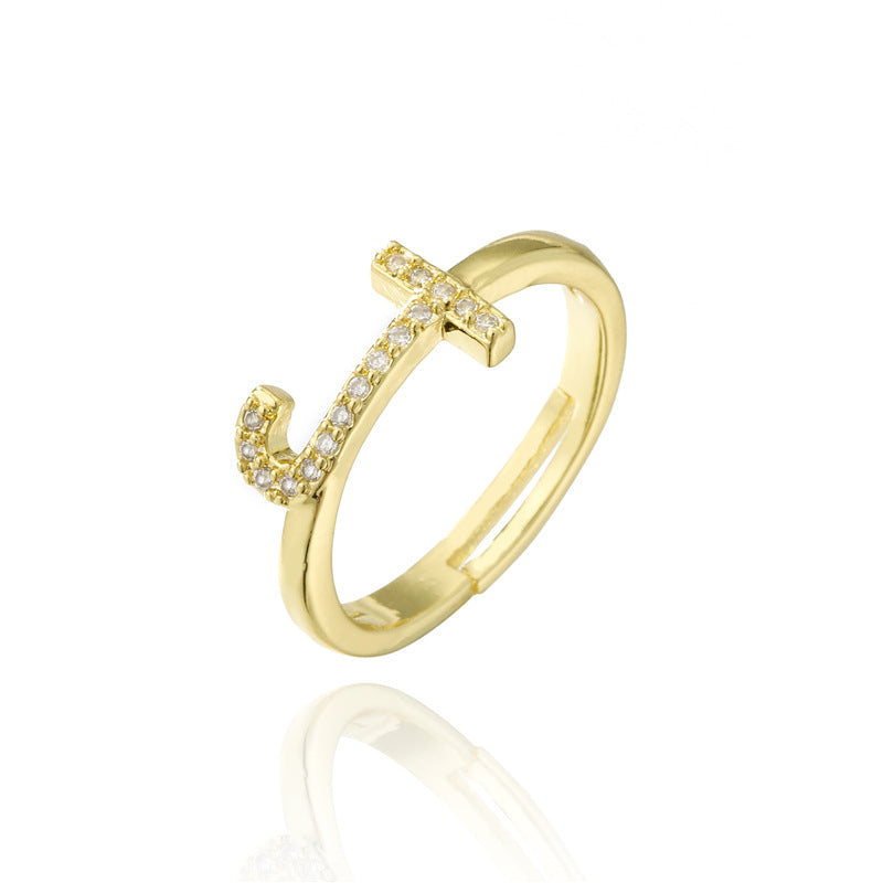 Fashion 18K Gold Plated Brass Micro-inlay Letter Ring Adjustable Open Band for Women