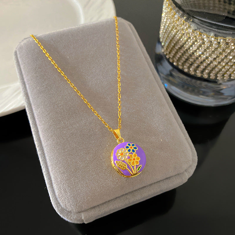 Vintage Drip Oil Floral Heart Oval Pendant Gold Plated Brass Necklace for Women
