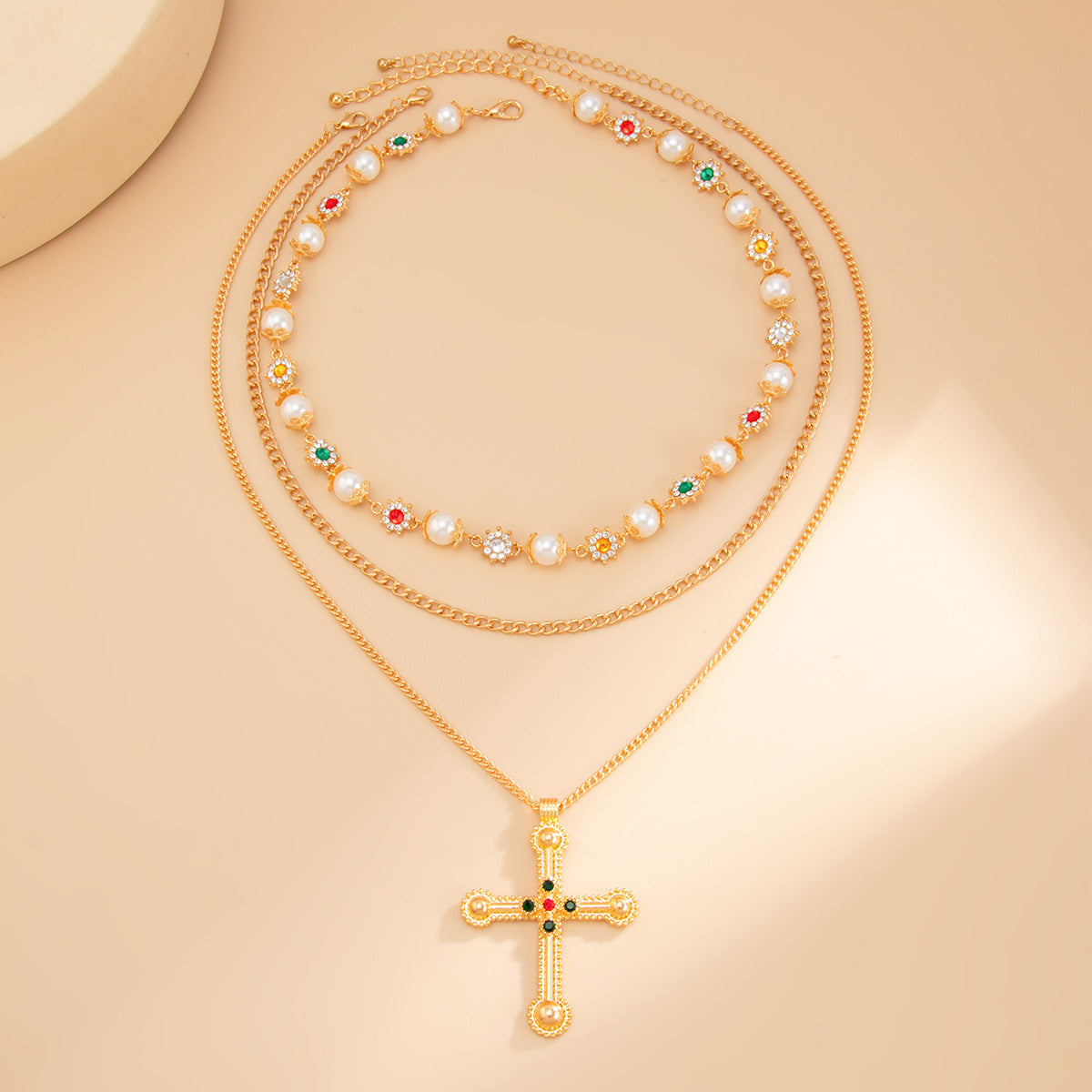 Sweet Cross Zinc Alloy Pendant Necklace with Rhinestone Pearl Beads Tassel Plated Chain for Women