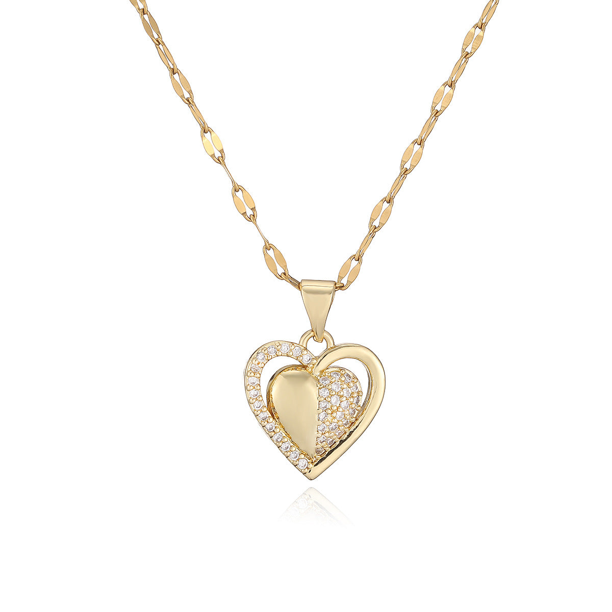 Minimalist 18K Gold Plated Brass Heart Pendant Necklace with Cubic Zirconia for Women